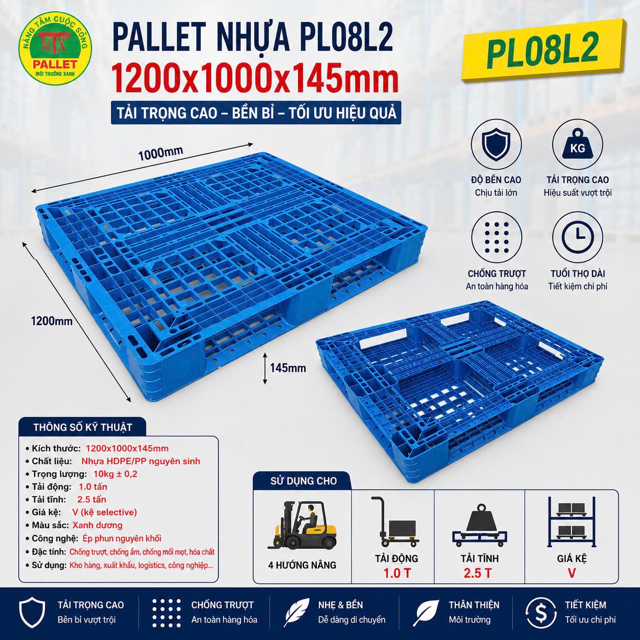 pallet nhựa 1200x1000 PL08L2 1200x1000x145mm MTX Pallet